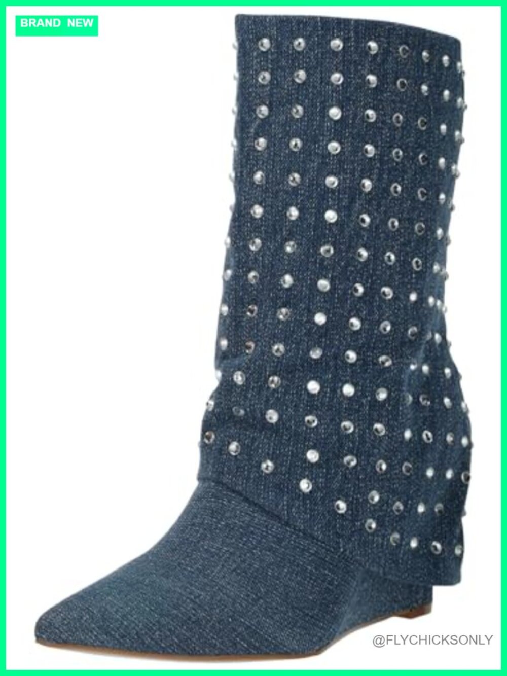 Fold Over Calf High Bootie Faux Leather Suede Stone Embellished Cushioned Insole